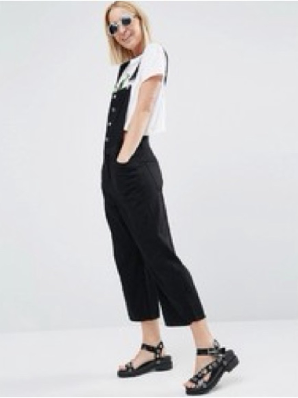 Cheap Monday Later Dungaree Cropped Wide-Leg Black Denim Overalls Size S